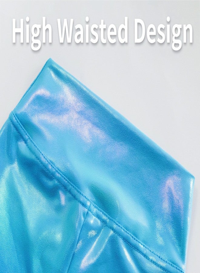 Gnainach Holographic Leggings Girls 5-6 Years Old Sparkly Blue Elastic Durable Metallic Pants Cute Clothes for Kids Performance - Image 4